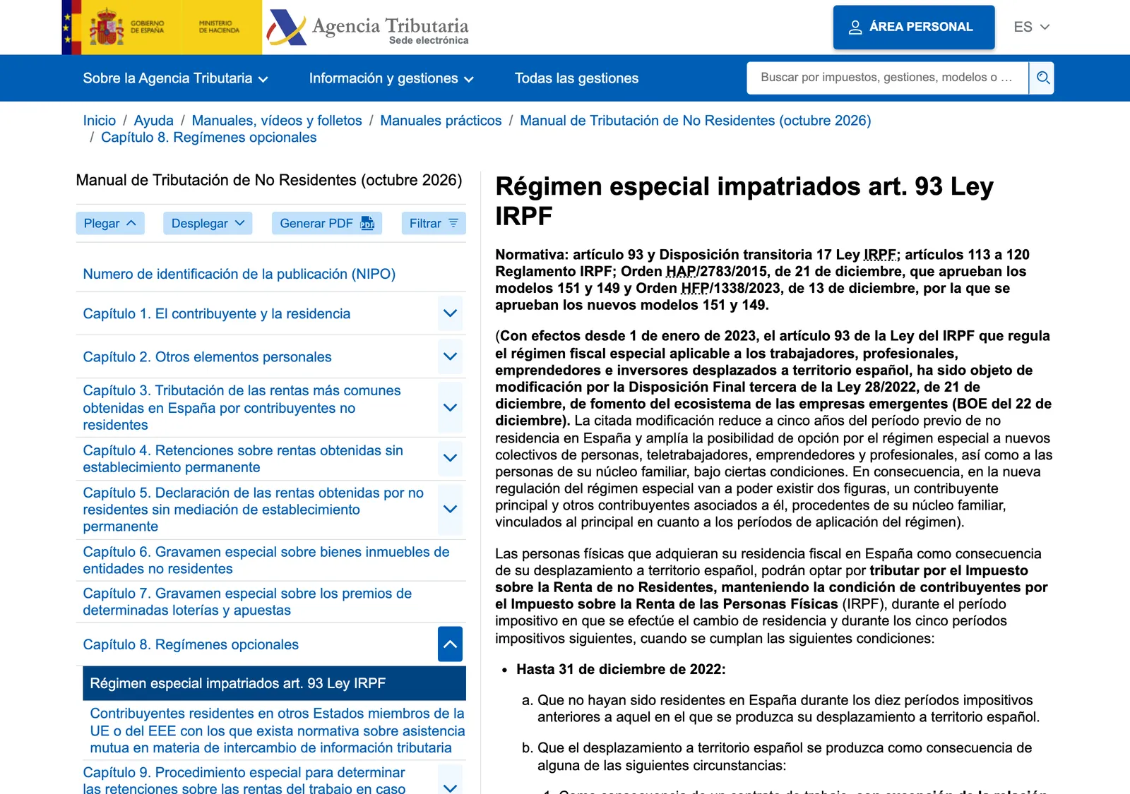 Tax Agency manual page headed Special regime for displaced workers, article 93 of the IRPF law, with the chapter menu on the left.