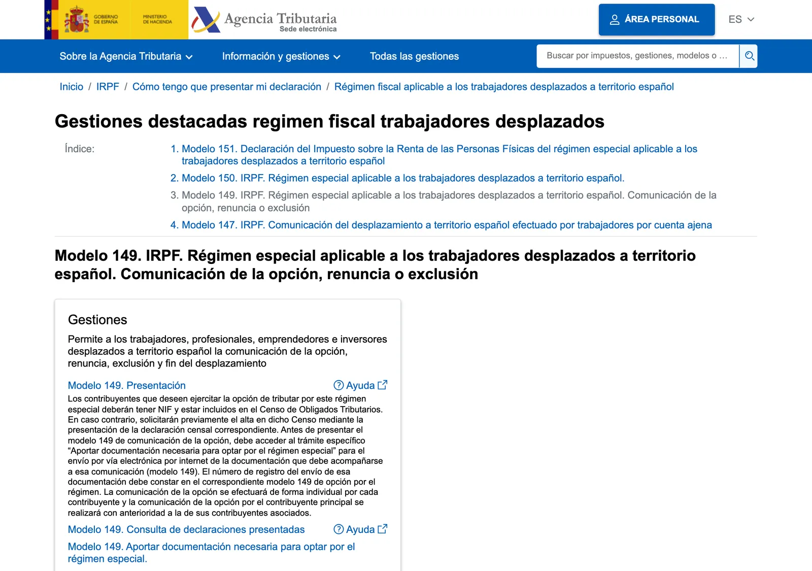 Tax Agency online office page for the displaced workers form, with a box describing how to submit the option and a link to upload documents.