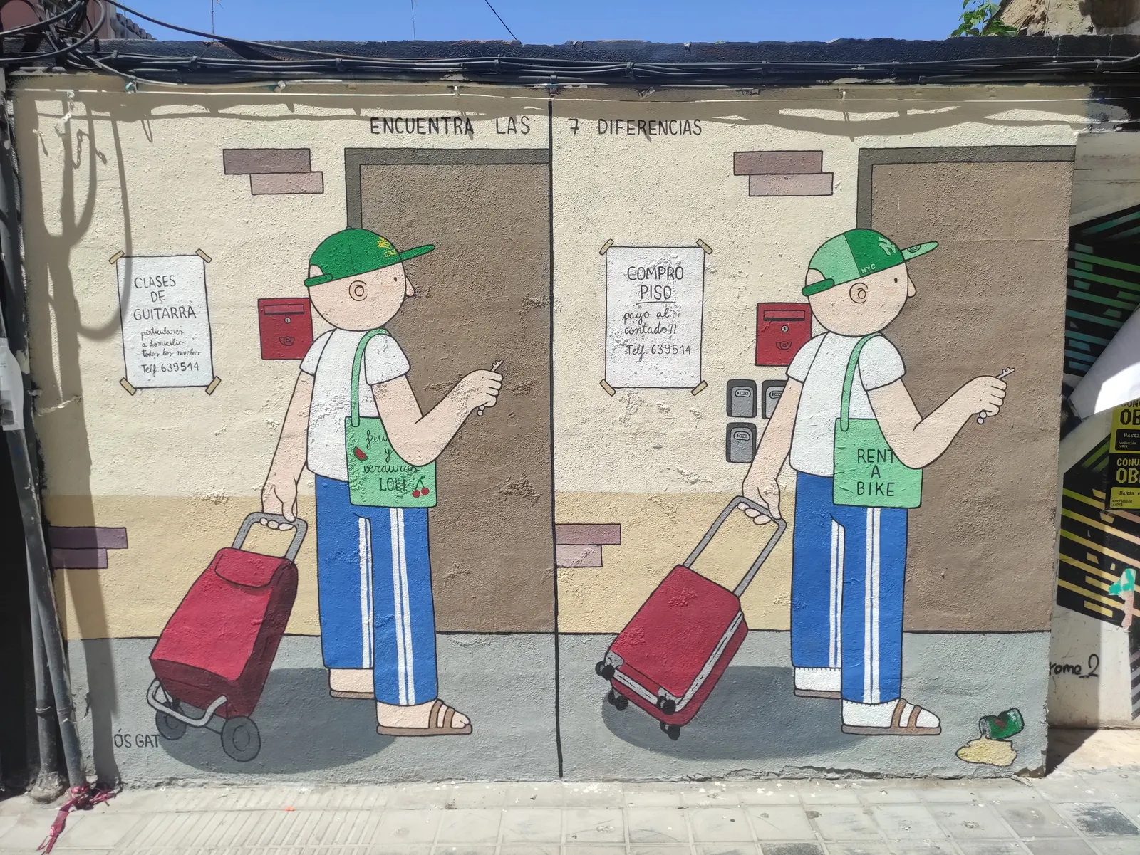Street art painted on a utility box in Benimaclet showing two figures with shopping trolleys.
