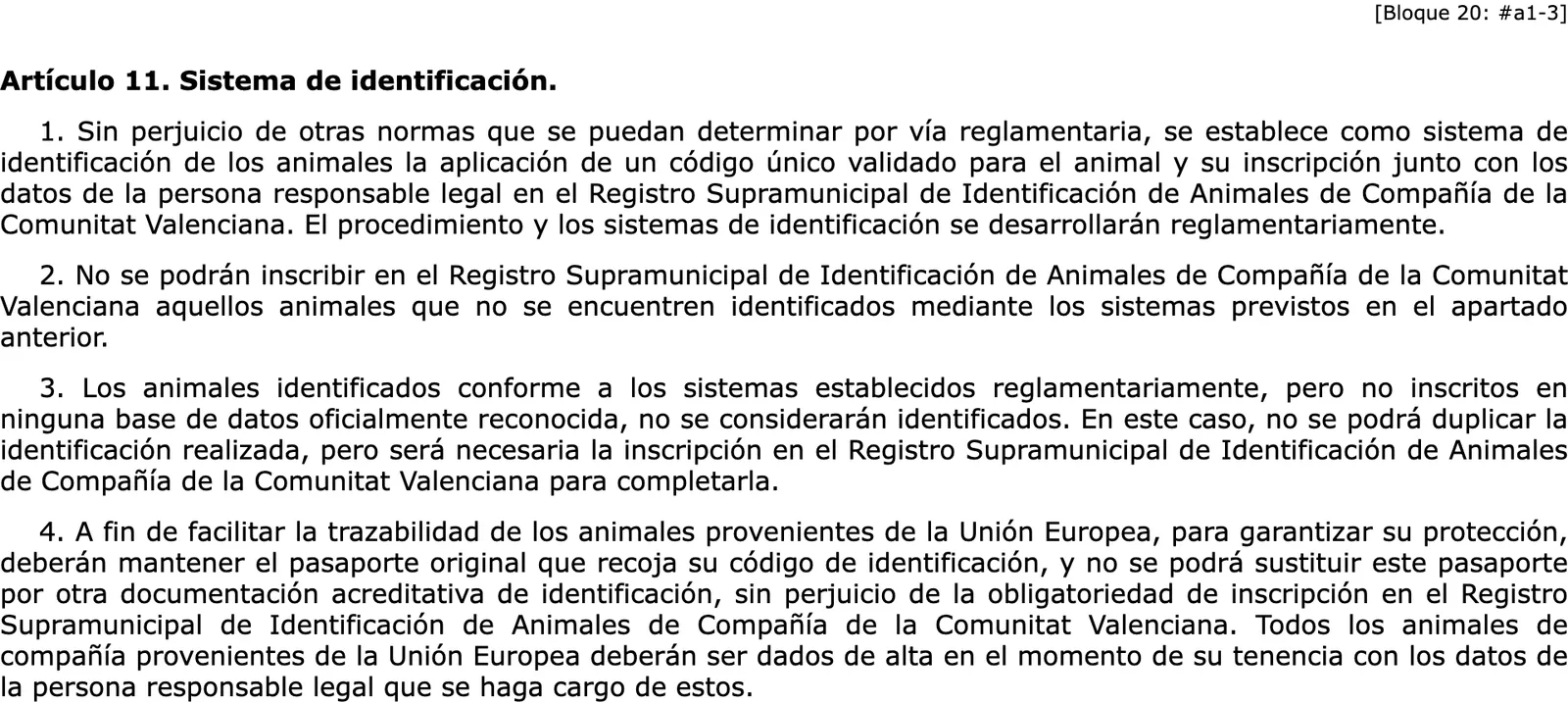 Screenshot of the gazette text of the Valencian companion animal law, the article on the identification system, in Spanish