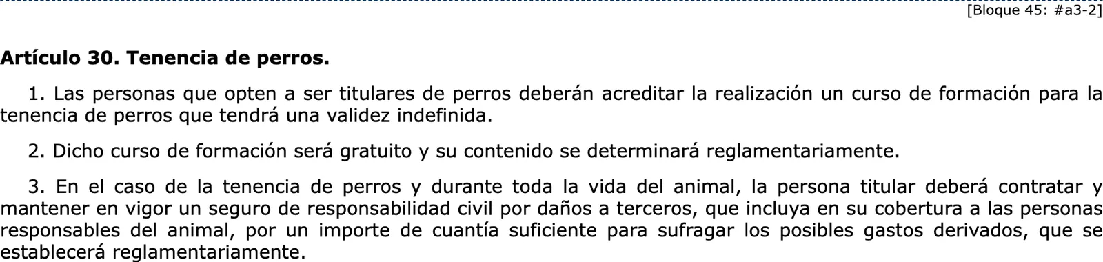 Screenshot of the gazette text of the national animal welfare law, the article on keeping dogs, in Spanish