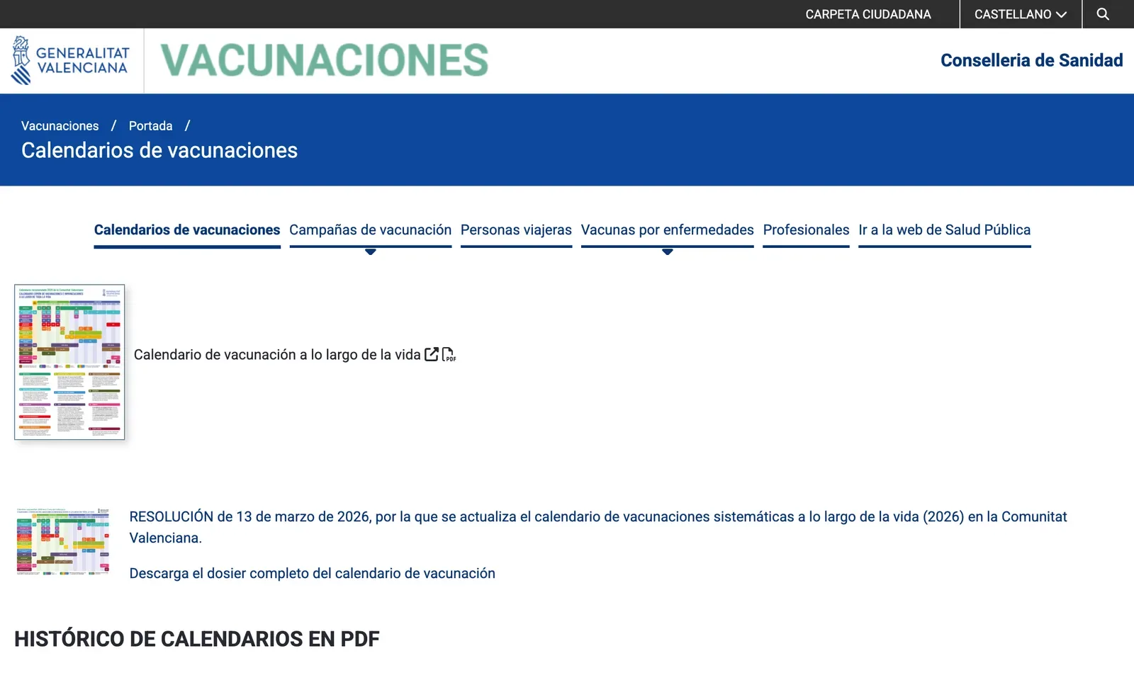 The Conselleria de Sanidad vaccination portal page listing the vaccination calendars