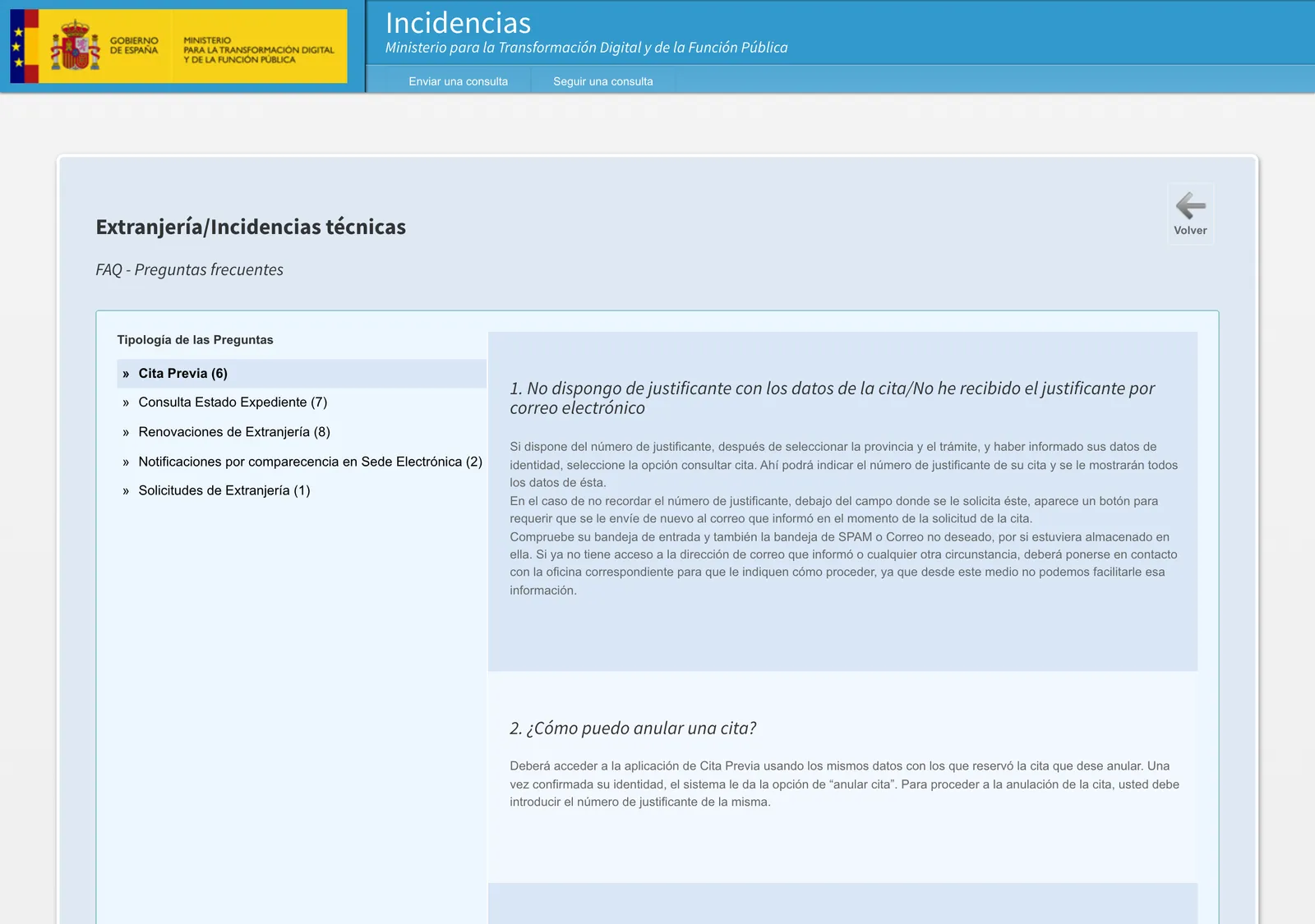 FAQ screen of the foreigner cita previa listing questions on missing receipts and cancellations