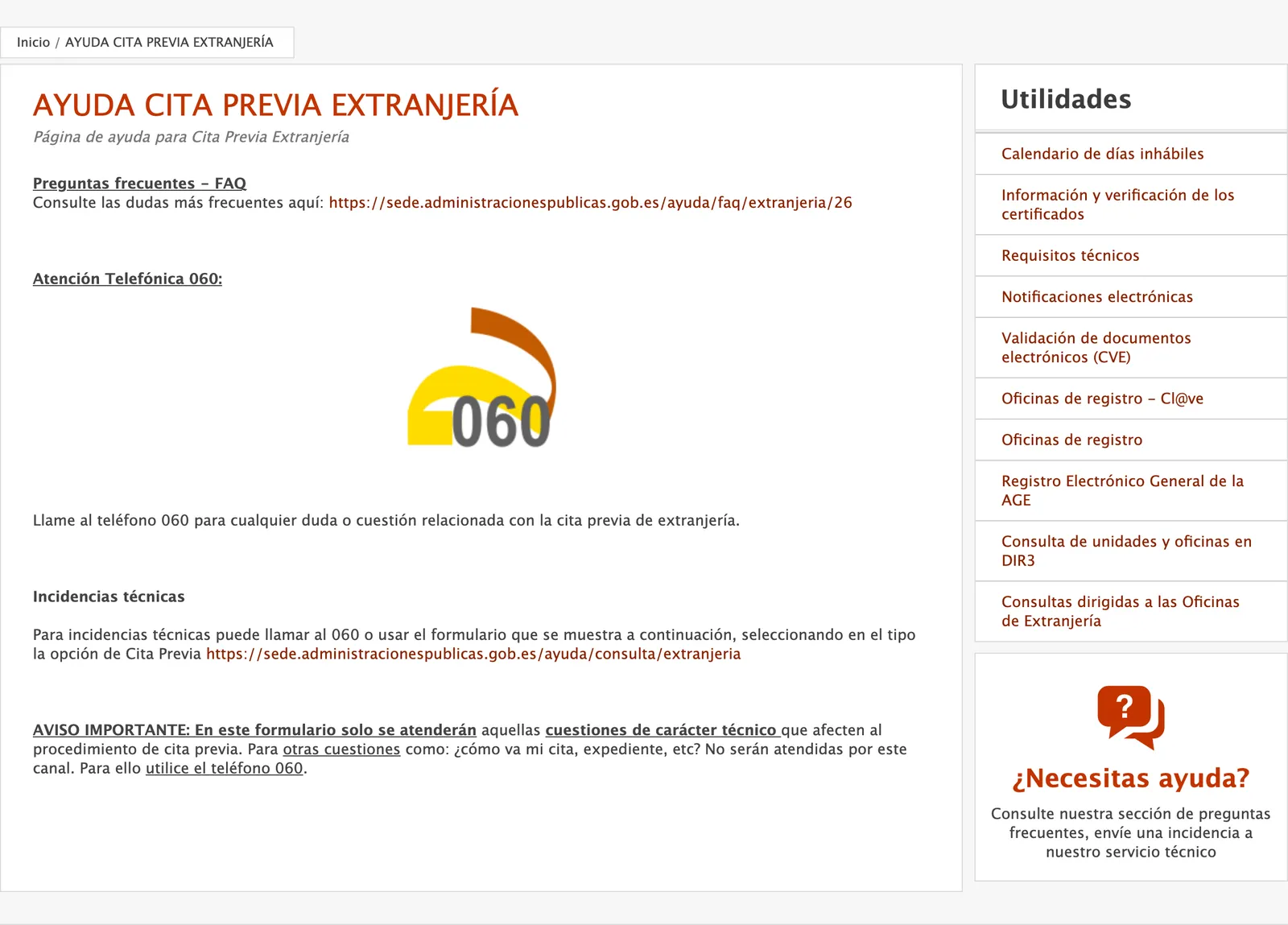 Help page for the foreigner cita previa with the 060 phone line and the technical incident notice