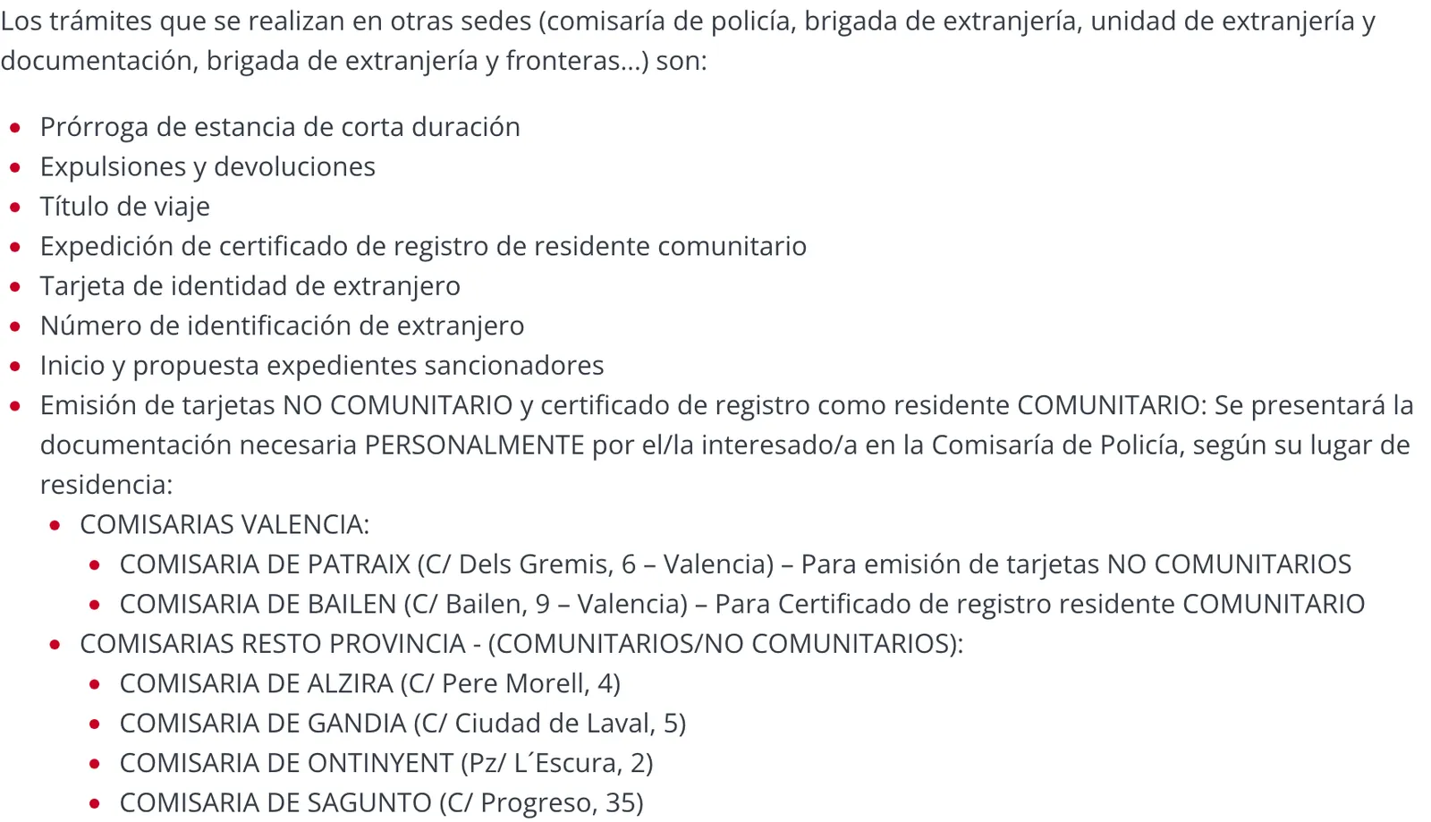 List of foreigner procedures handled at police stations and the Valencia and provincial station addresses