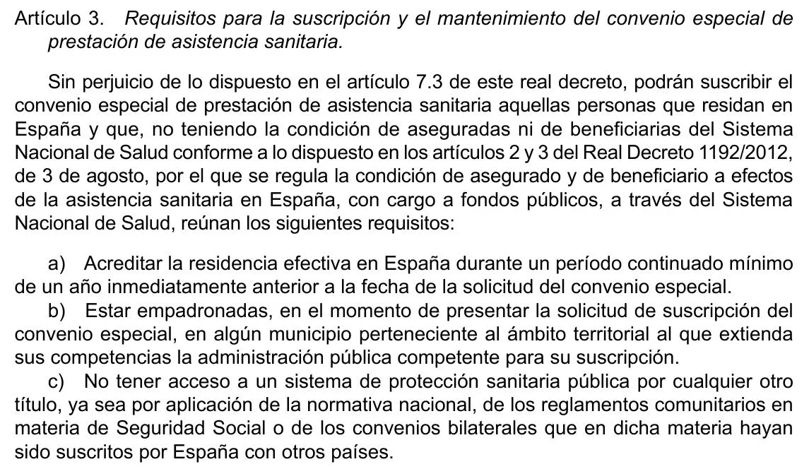 Gazette page with the article on the requirements to sign the convenio especial