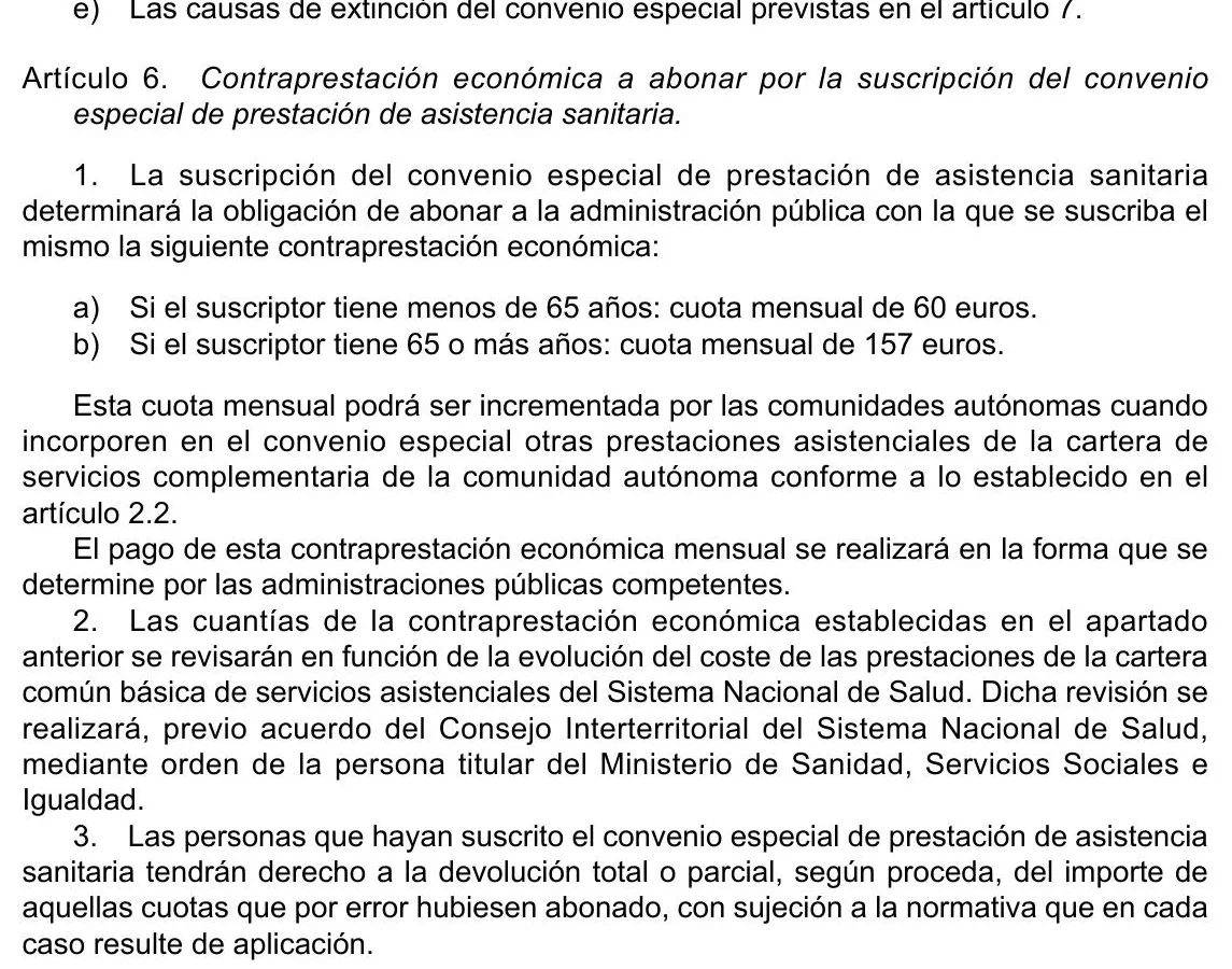 Gazette page with the article that sets the monthly fee for the convenio especial