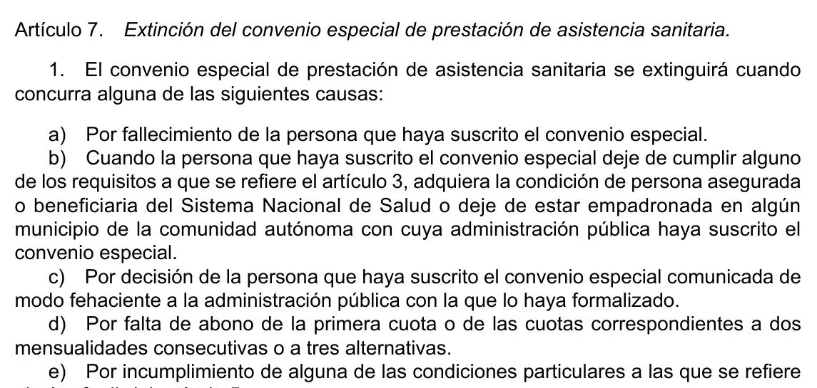 Gazette page with the article on how the convenio especial ends