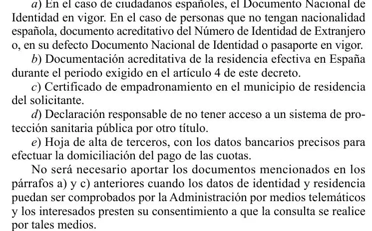 Valencian gazette page listing the documents that go with a convenio especial application