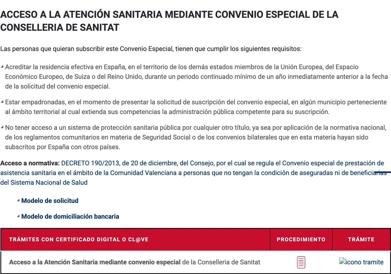 Conselleria page on access to health care through the convenio especial, with its requirements and forms