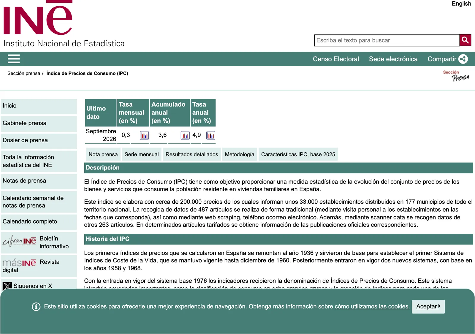 National statistics institute web page for the consumer price index with a table of the latest monthly rates