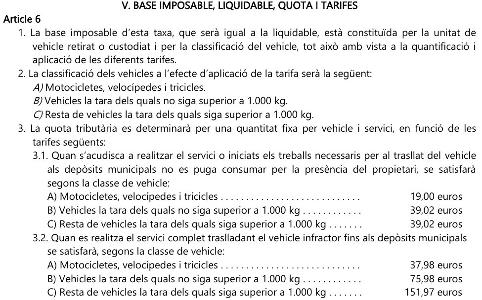 Tow truck fee table in Valencian, with fees by vehicle class for removal and custody