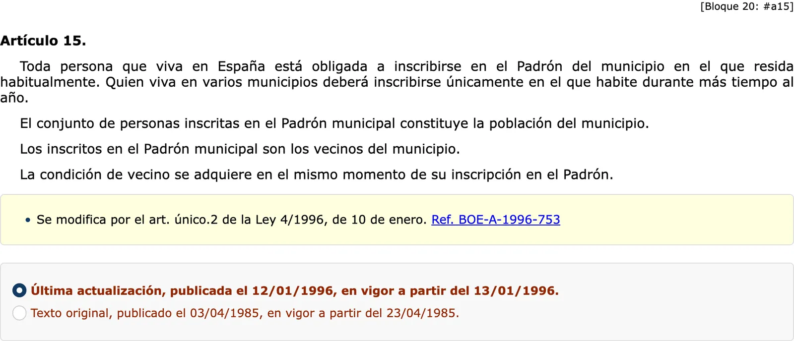 BOE consolidated text of article 15 of Ley 7/1985 on the padron