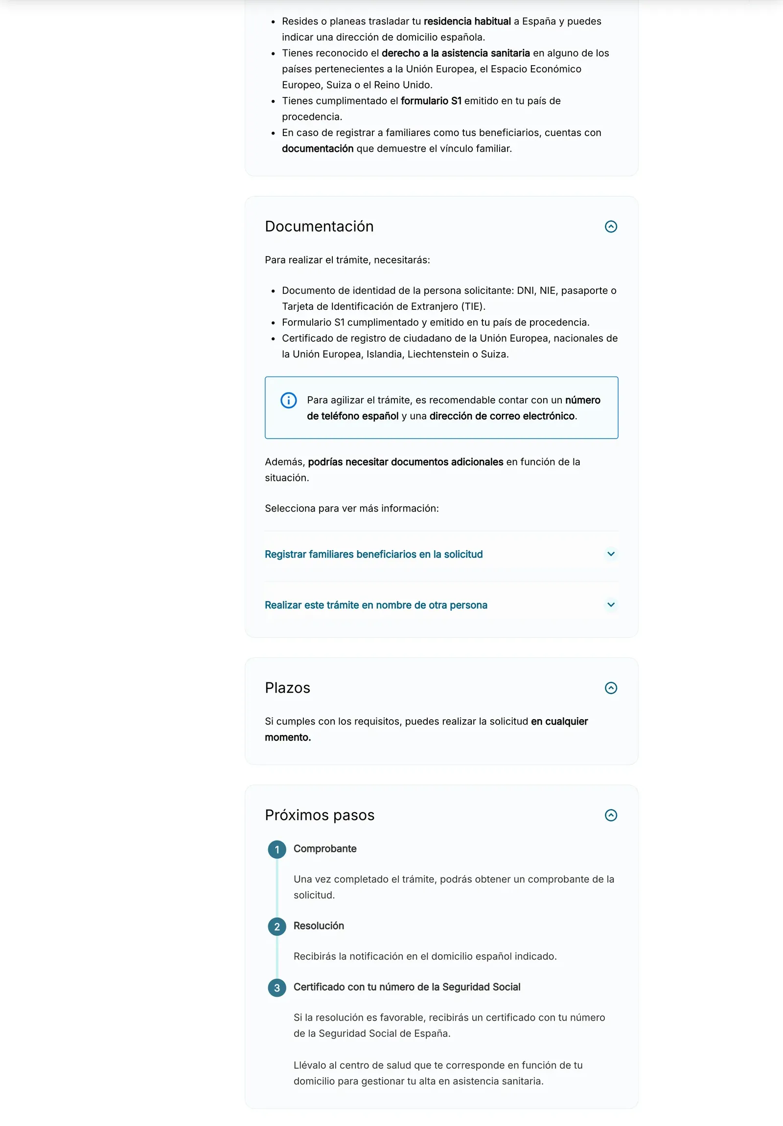 Social Security page for registering the S1 form for health care in Spain, with requirements and documents