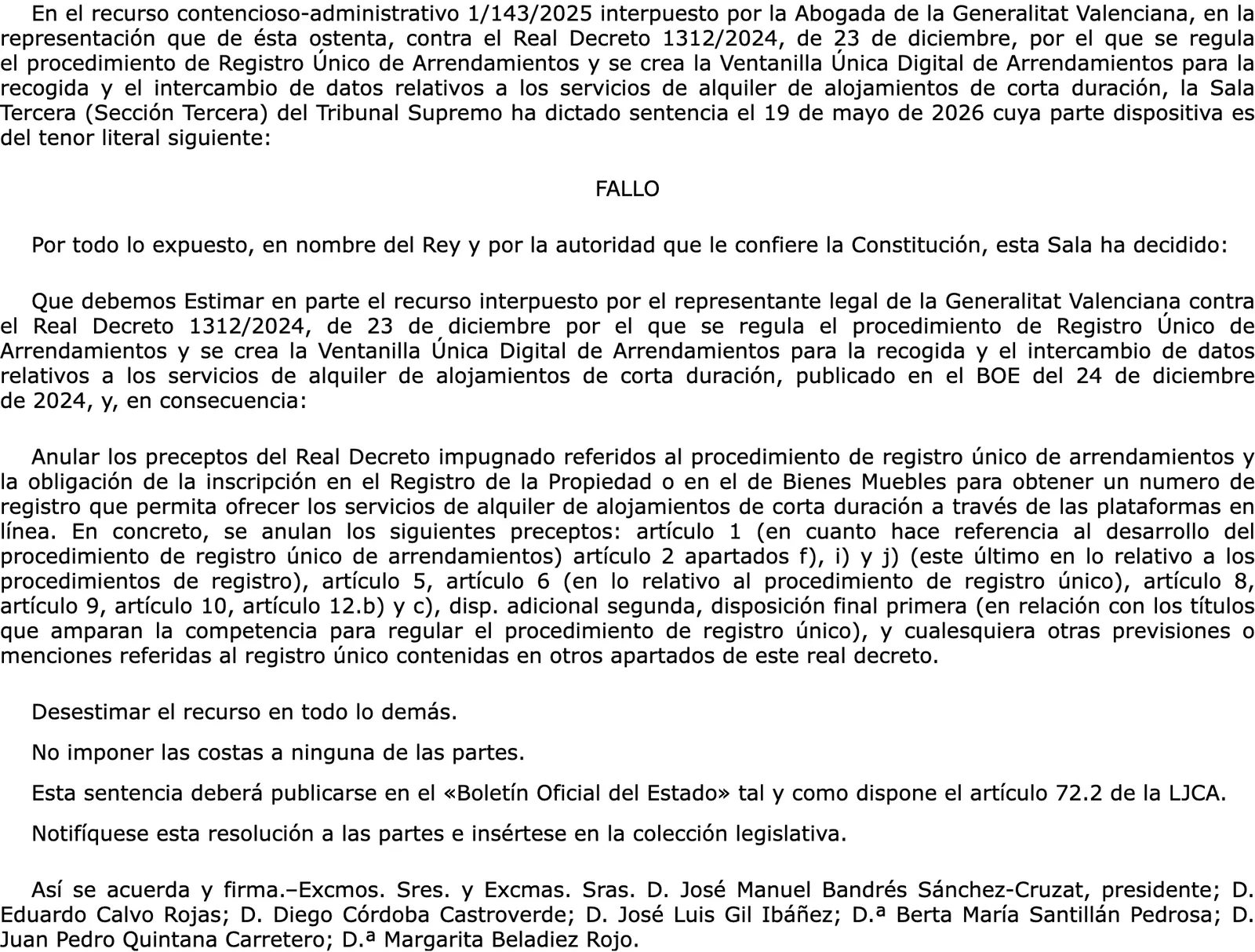 Operative part of a Supreme Court judgment annulling the single-registry provisions of a royal decree.