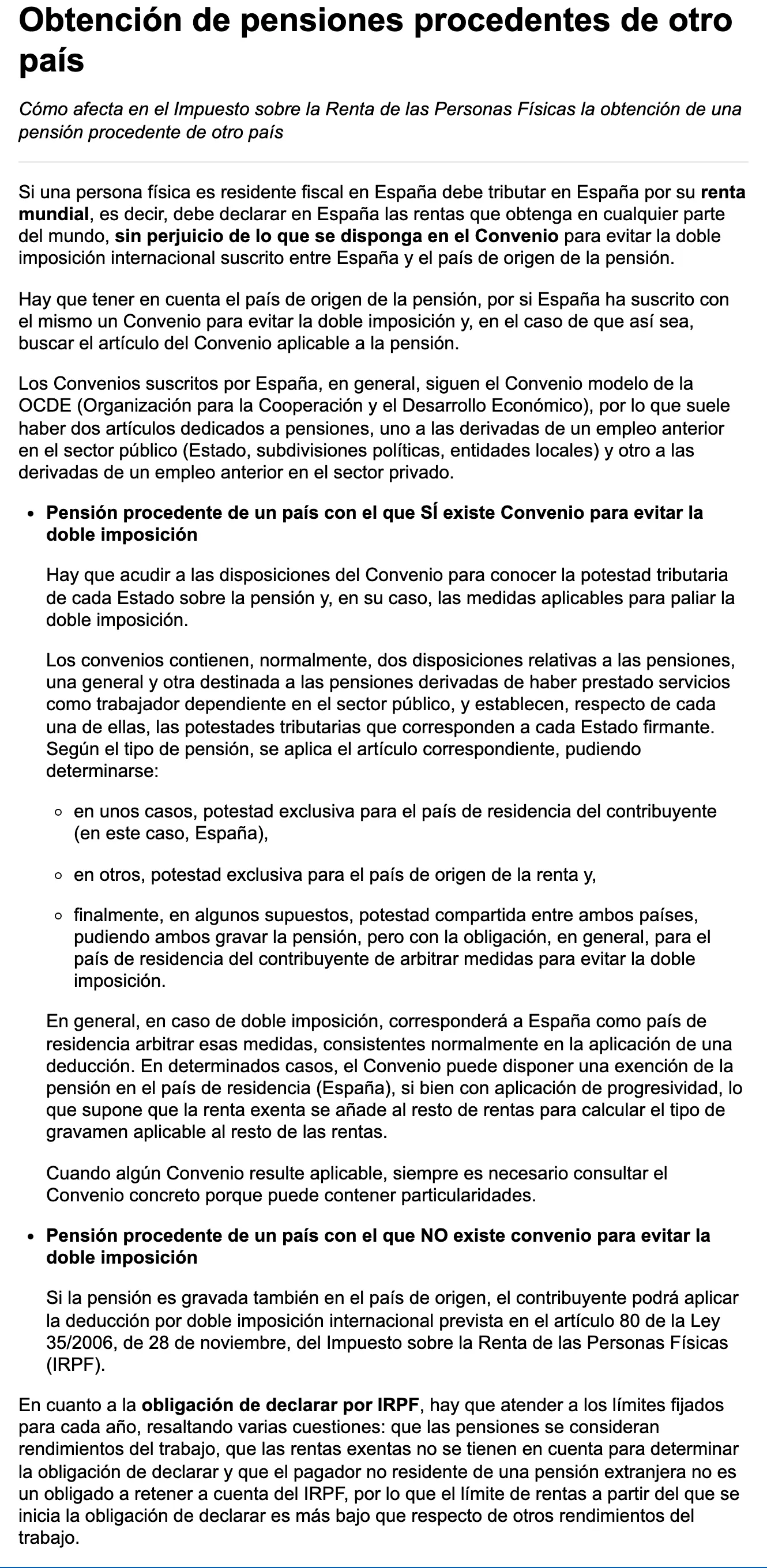 Tax Agency page on how a pension from another country is taxed for a Spanish tax resident