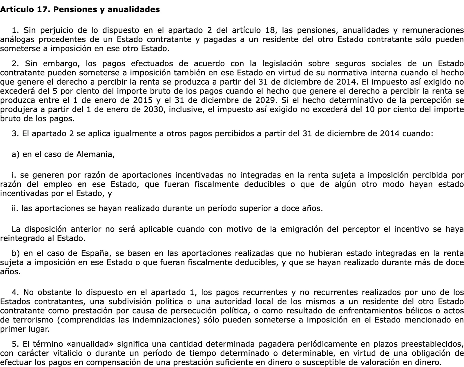 BOE text of the Spain and Germany tax treaty article on pensions and annuities