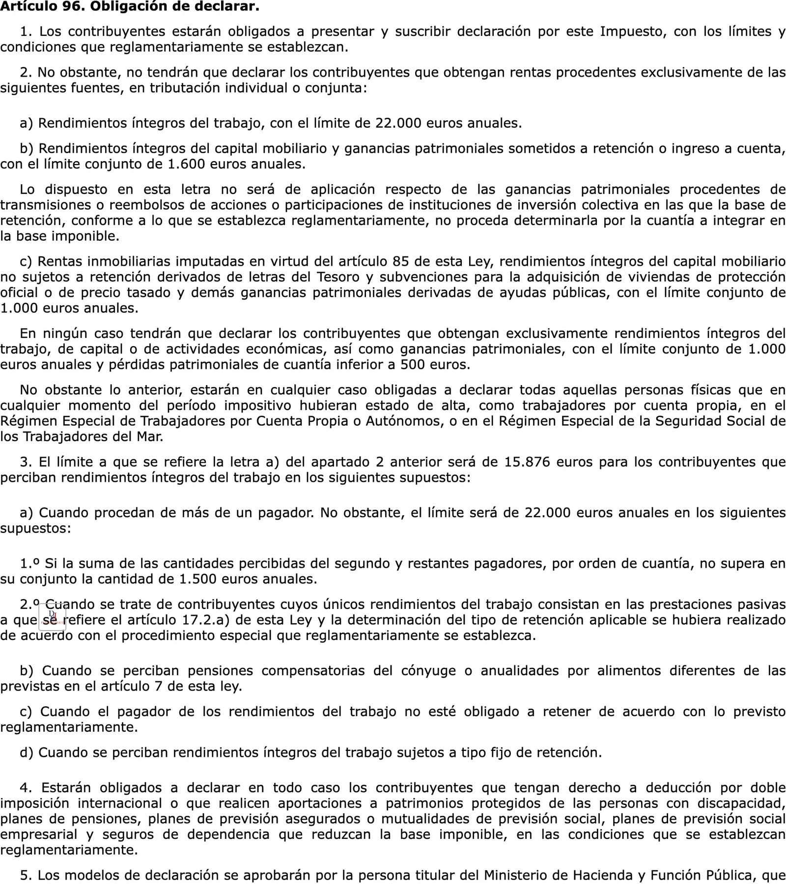 BOE consolidated text of the income tax law article on the obligation to file a return, with the income limits