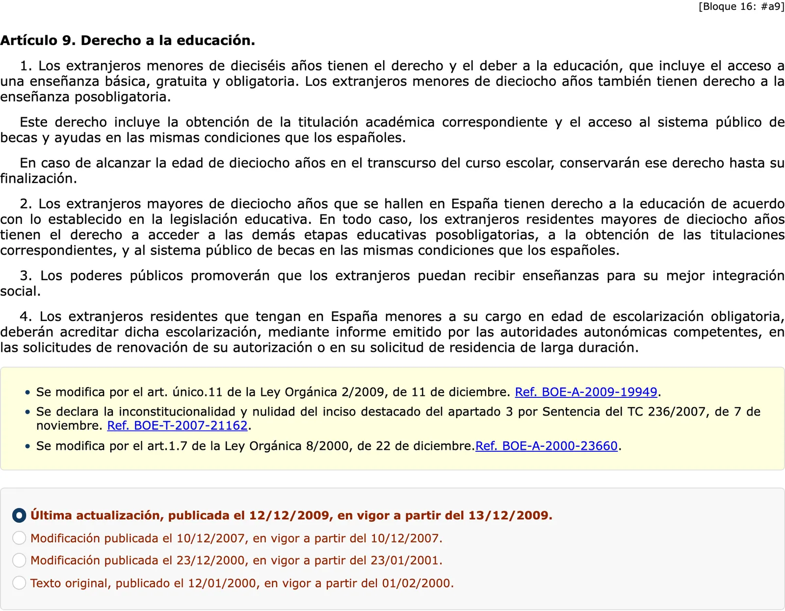 Article 9 of the foreigners law in the consolidated BOE text, on the right to education