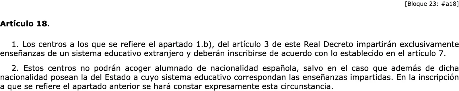 The article on schools that teach a foreign system, in the consolidated BOE text of the royal decree on foreign schools