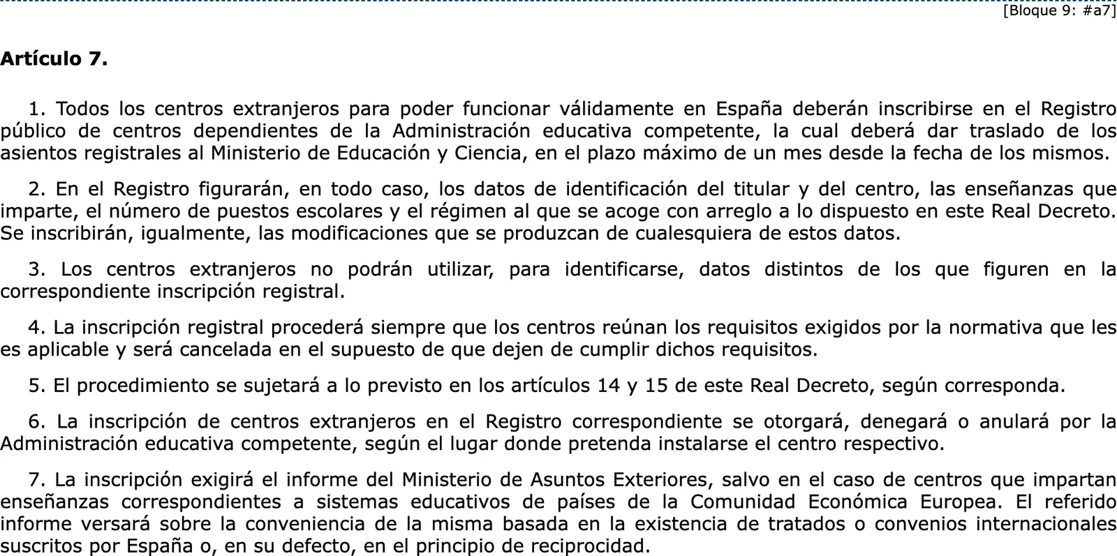 The registry article of the royal decree on foreign schools in the consolidated BOE text