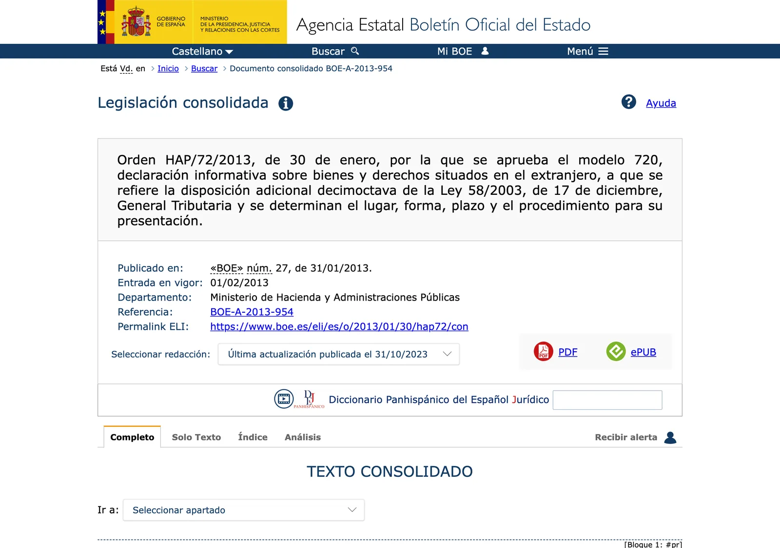 Official gazette page showing the ministerial order that approves the foreign assets return and sets the filing method and period.
