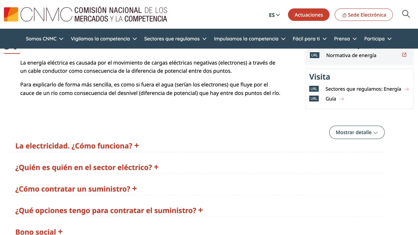 National competition regulator web page on electricity supply, with a list of expandable questions.