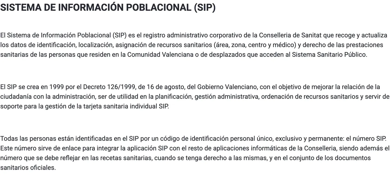 Conselleria page describing the Population Information System, the SIP register