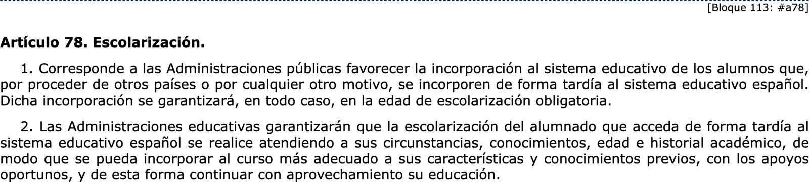 The education law article on pupils who join the Spanish school system late, in the consolidated BOE text