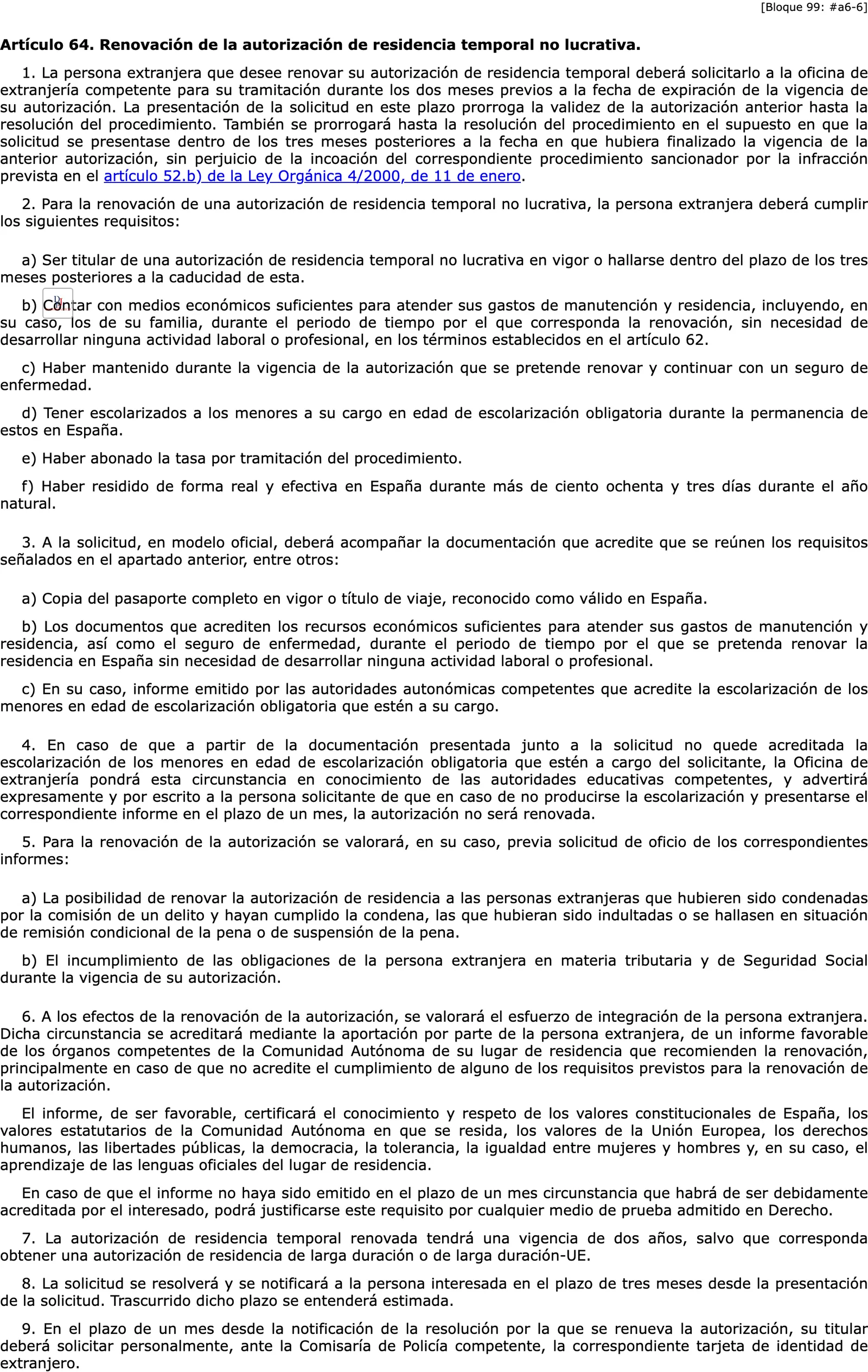 The regulation article on renewing non-lucrative residence, with the school enrolment condition, in Spanish