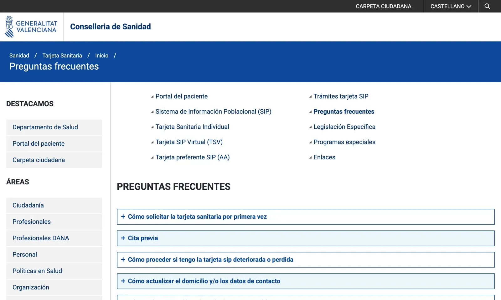 The Conselleria de Sanidad page of frequently asked questions about the SIP health card