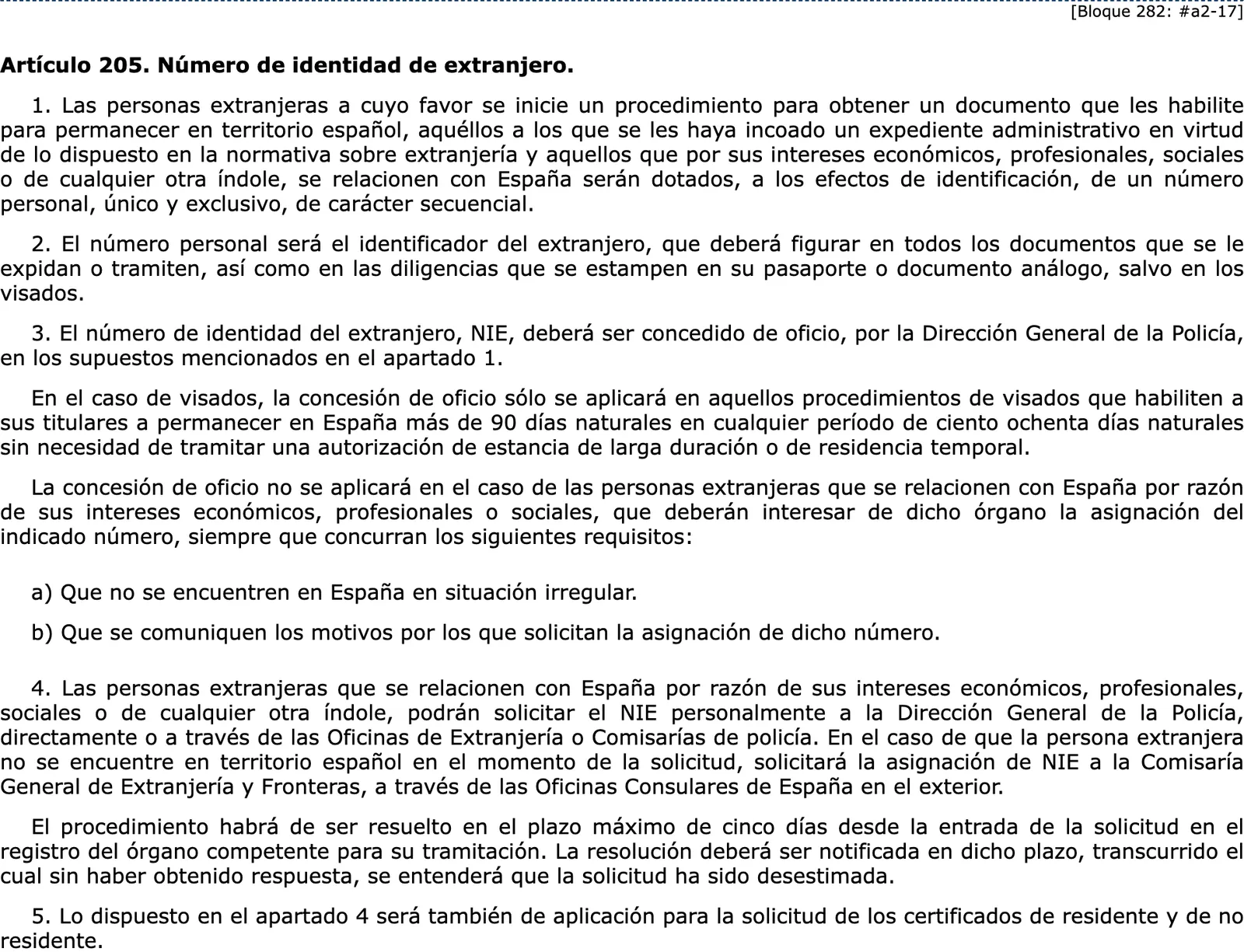 The NIE article of the foreigners regulation in the consolidated BOE text