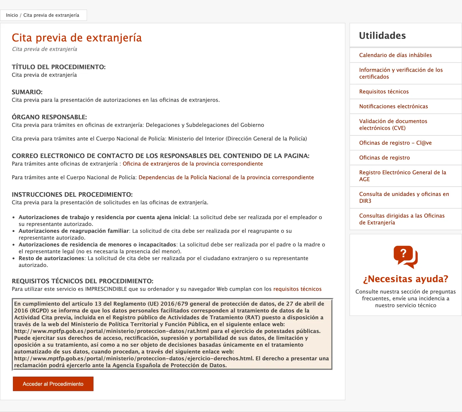 Cita previa de extranjeria page on the public administrations sede, with the Acceder al Procedimiento button