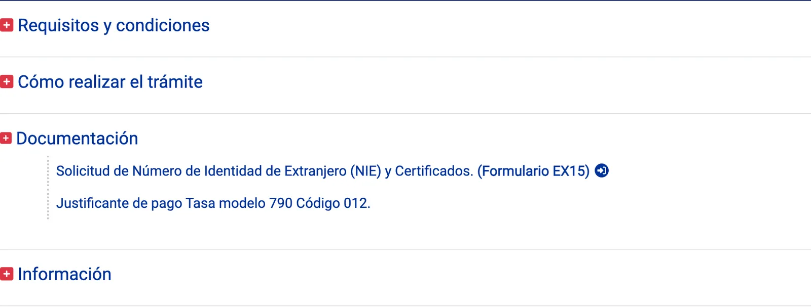 Documentation section of the National Police page for assigning a NIE, listing the EX15 form and the fee payment receipt
