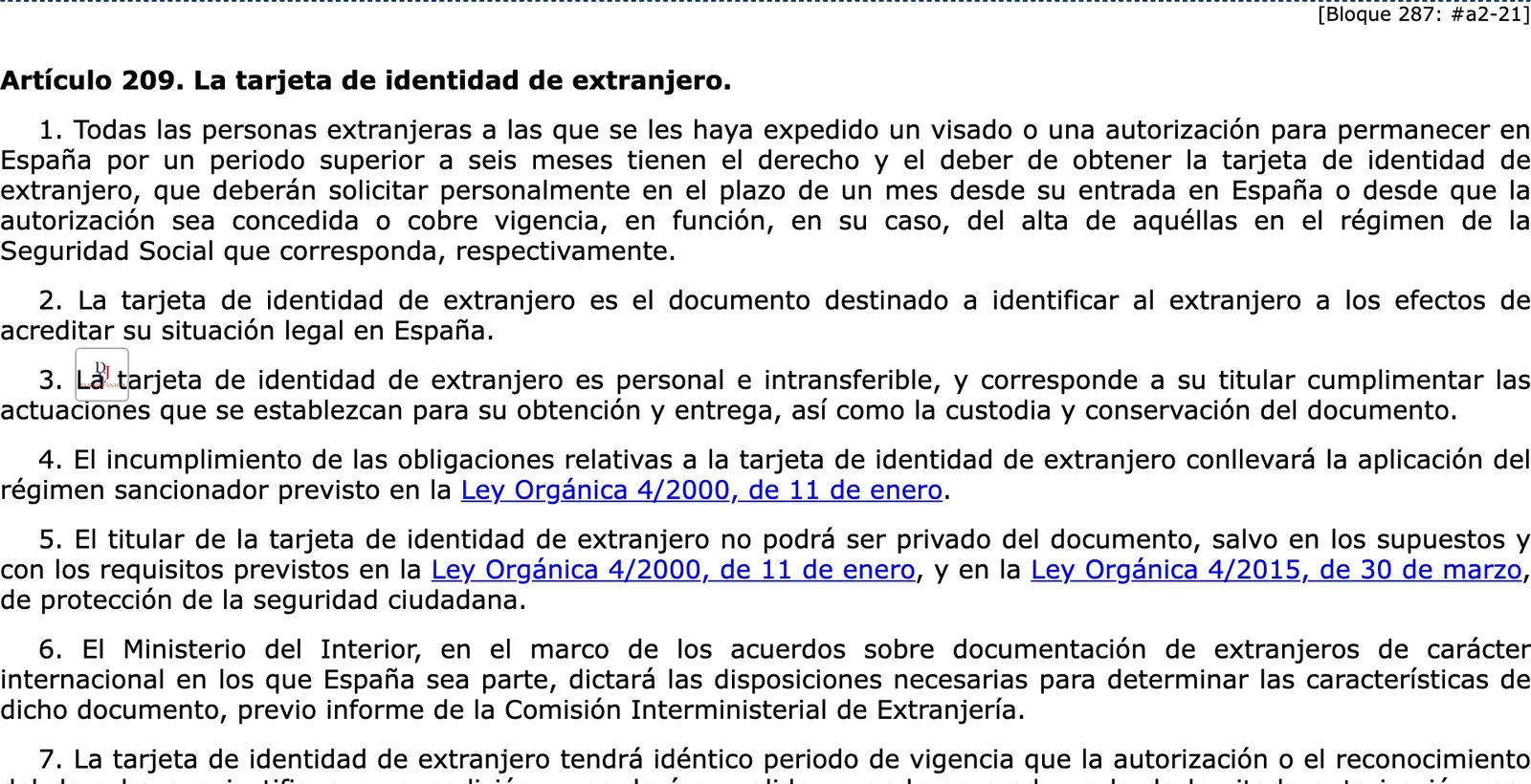 BOE consolidated text of the foreigners regulation article on the identity card