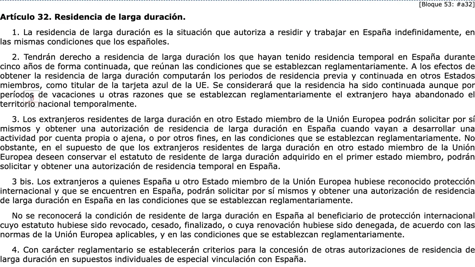 Screenshot of the official gazette text of the long-term residence article of the foreigners law, in Spanish.