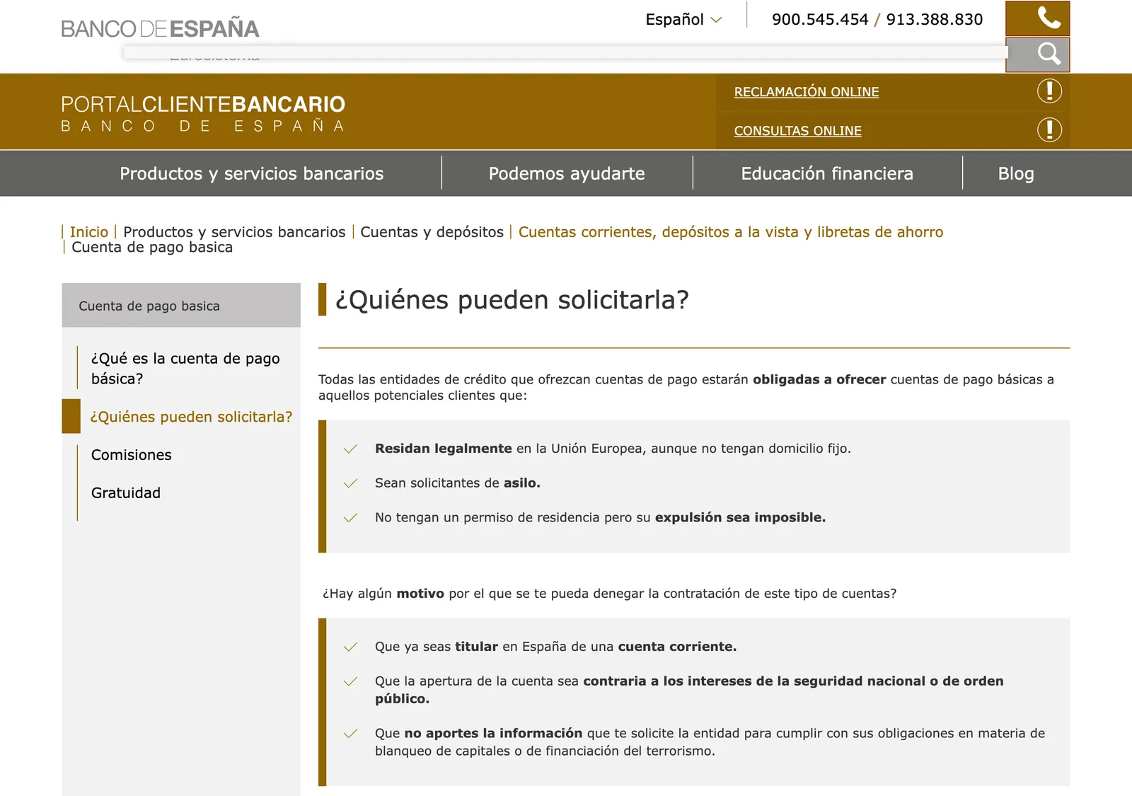 Banco de Espana client portal page listing the groups of people offered a basic payment account, with refusal grounds below