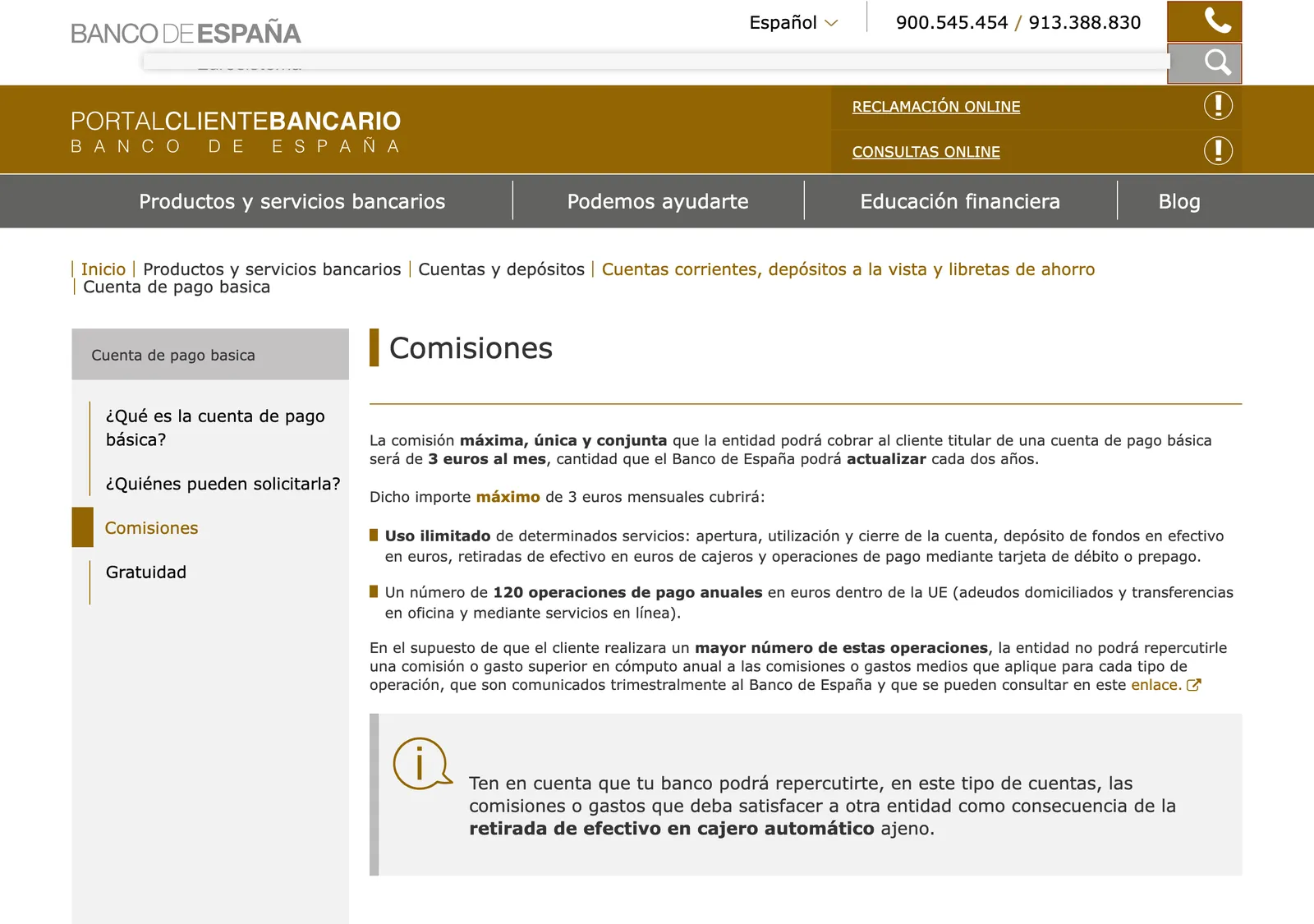 Banco de Espana client portal page on basic payment account fees, with the monthly cap and the list of services it covers