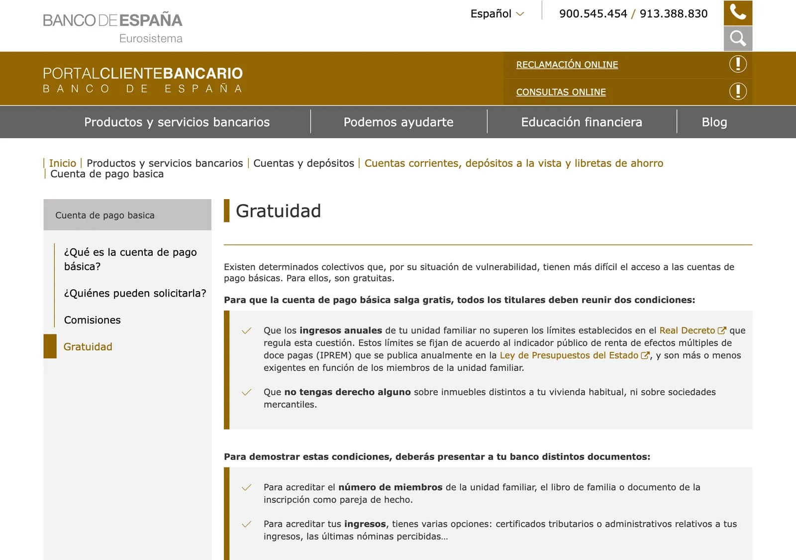 Banco de Espana client portal page on the free basic payment account and the two conditions for it