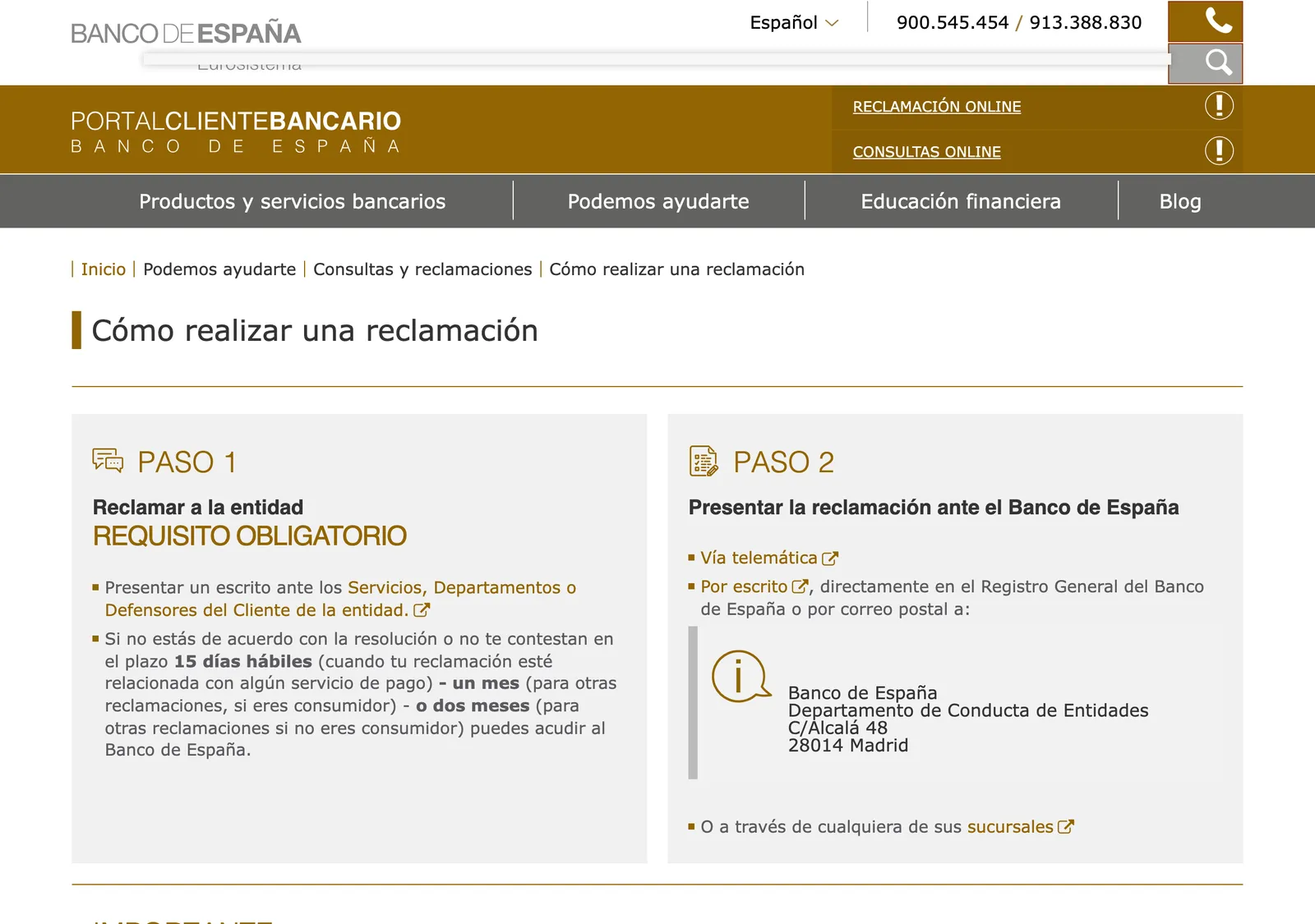 Banco de Espana client portal page showing the two steps of a bank complaint