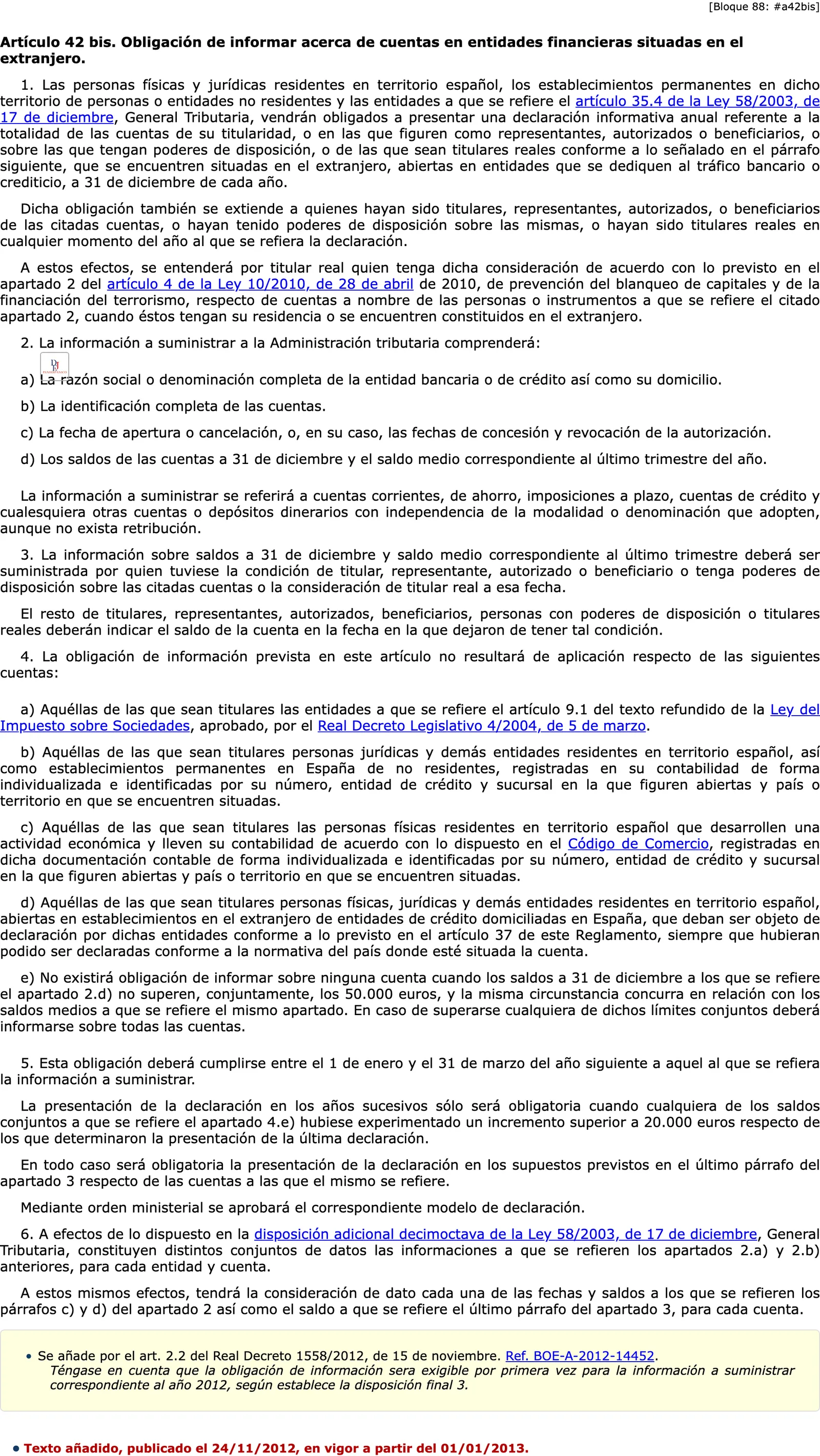 BOE consolidated text of the tax regulation article on reporting accounts held in banks abroad