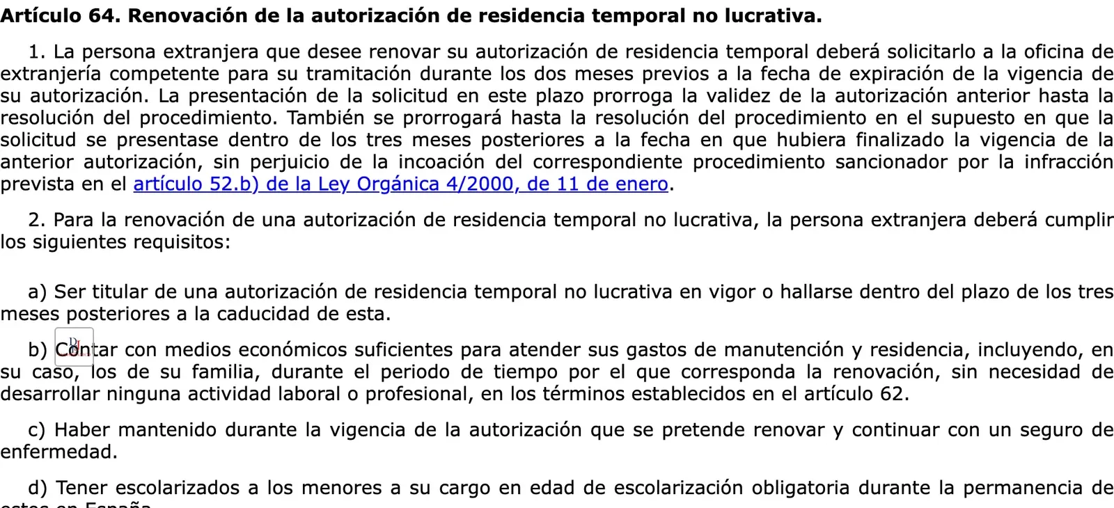 Screenshot of the gazette text of the article on renewing the non-lucrative authorisation, with the insurance condition in letter c, in Spanish
