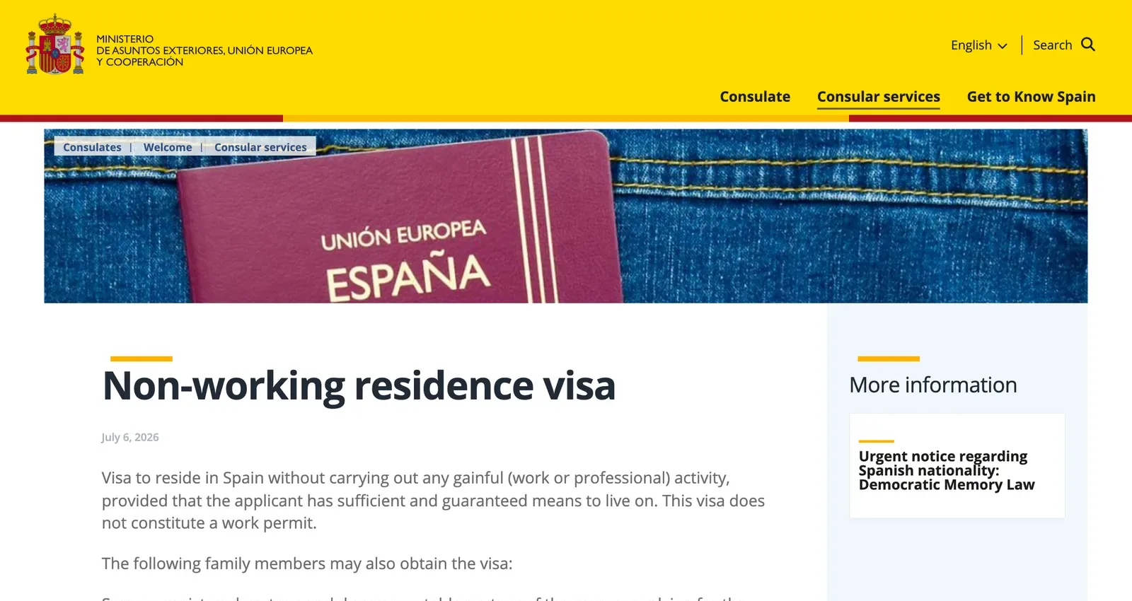 Screenshot of a Spanish consulate page headed non-working residence visa, with a passport image and family members listed