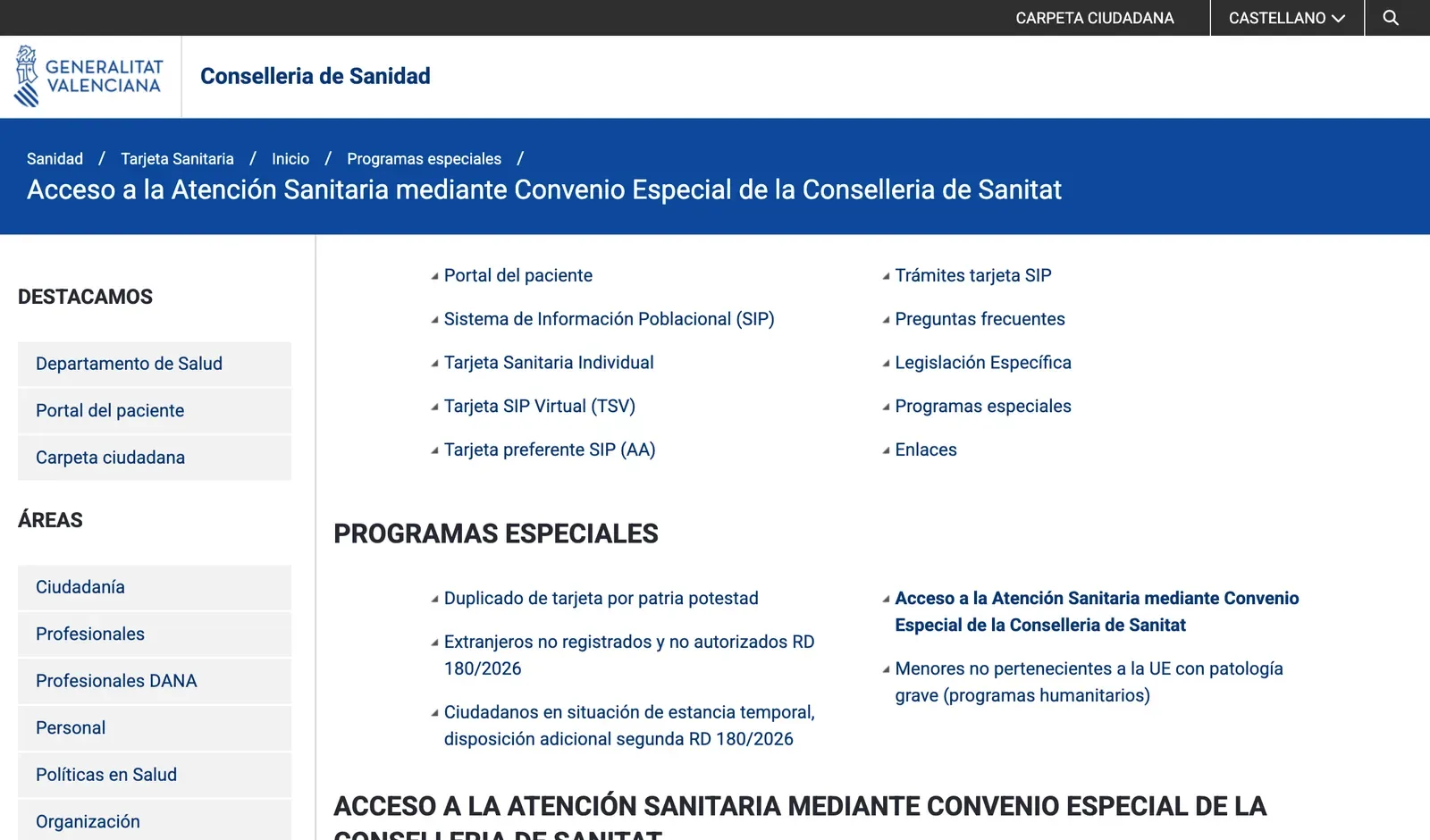 Screenshot of the regional health department page on access to care through the special agreement, with the programmes menu