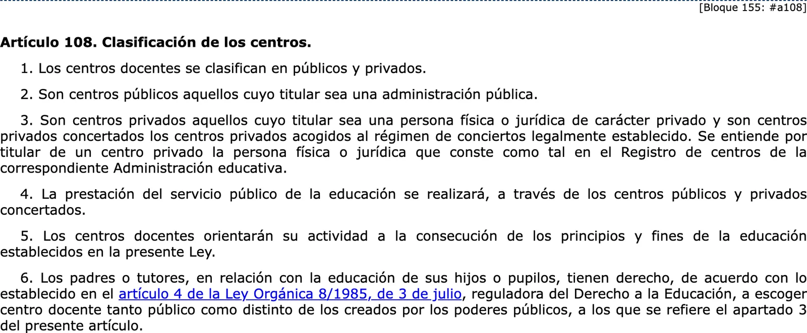 The article of the education law that classifies schools as public or private, in the consolidated BOE text