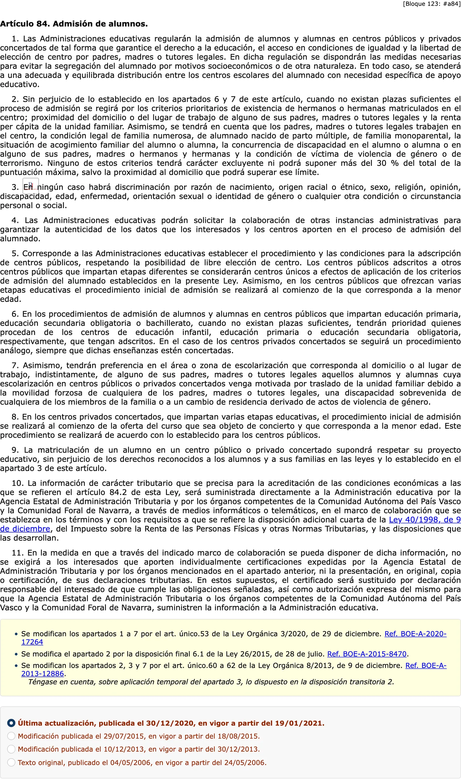 The admission article of the education law in the consolidated BOE text