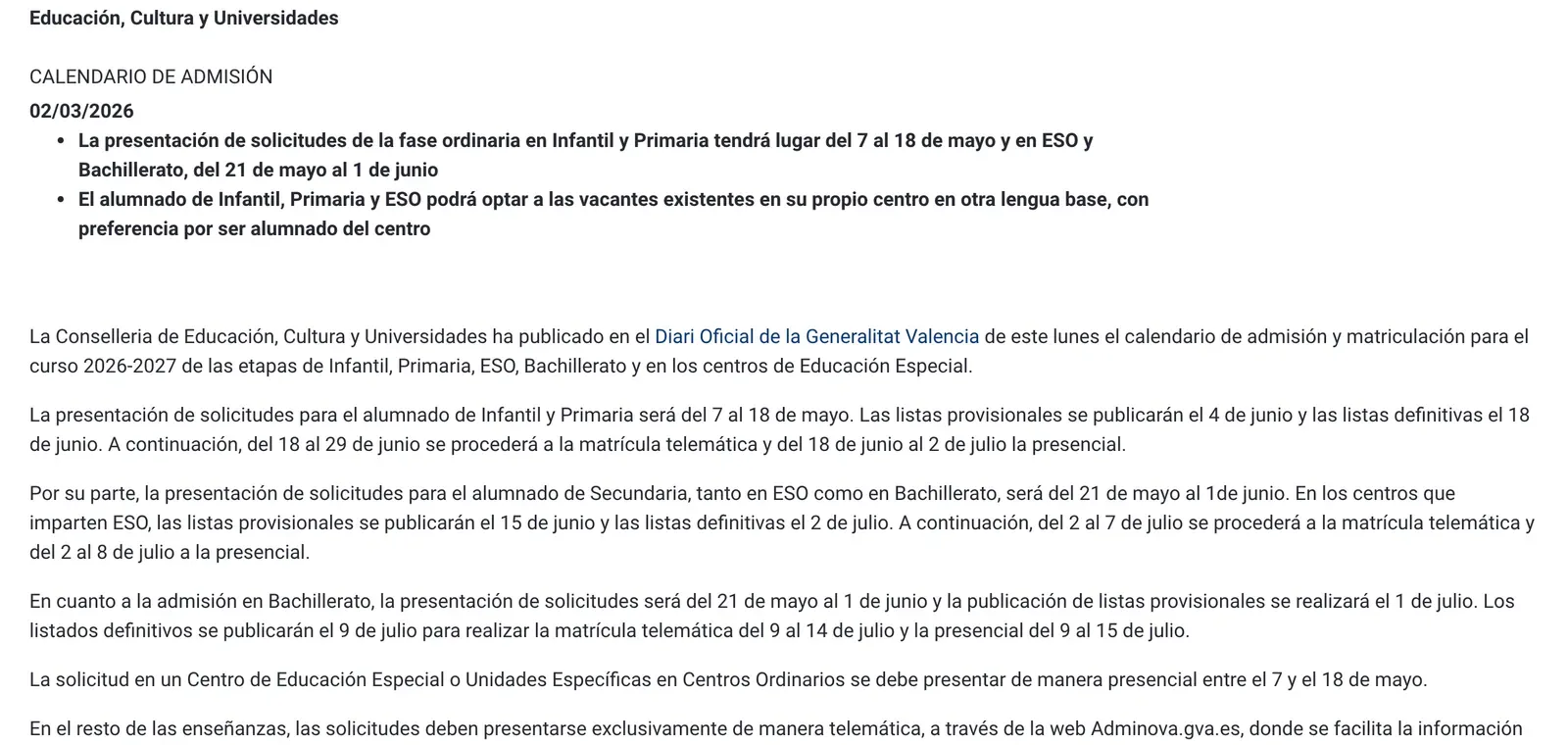 Generalitat press release announcing the admission calendar for the 2026-2027 school year