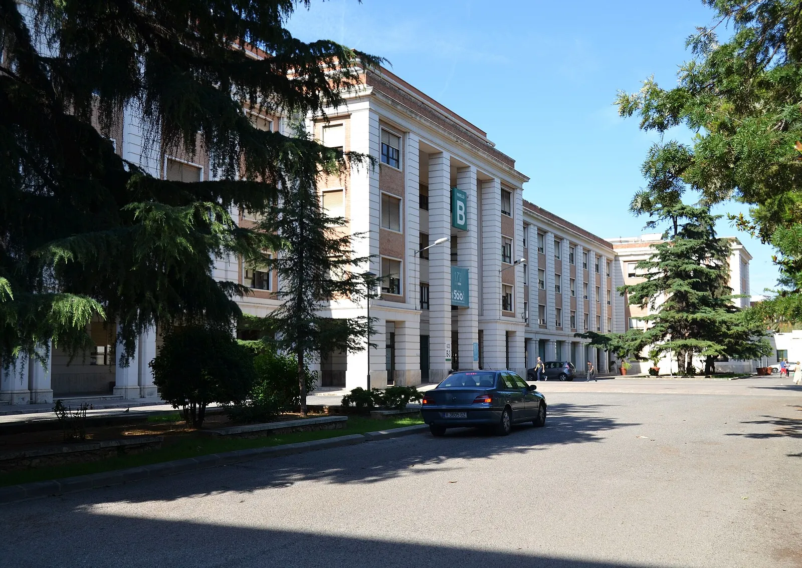 Hospital building with a columned facade seen from a quiet street with trees