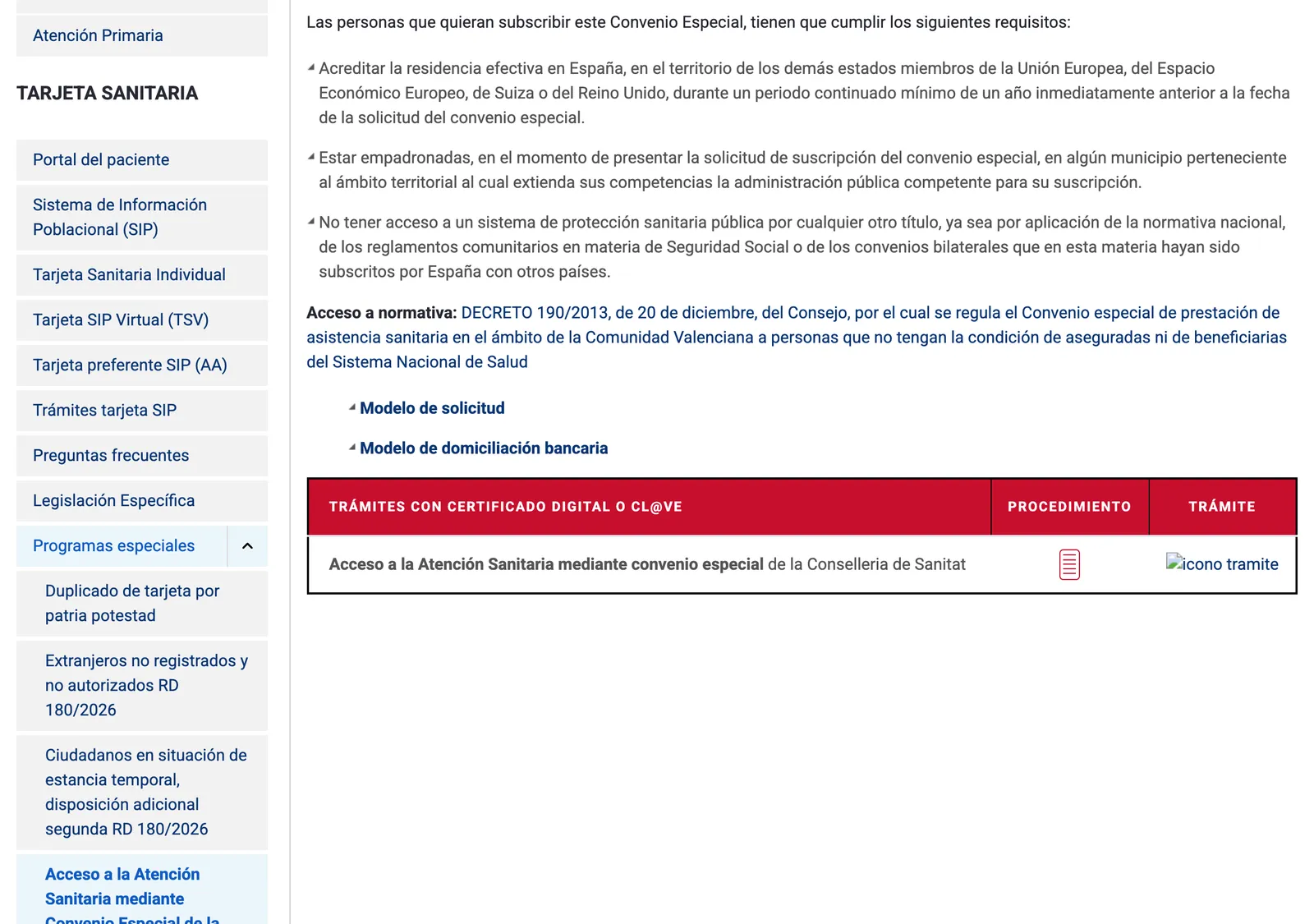 Conselleria de Sanidad web page listing the requirements to sign the special agreement
