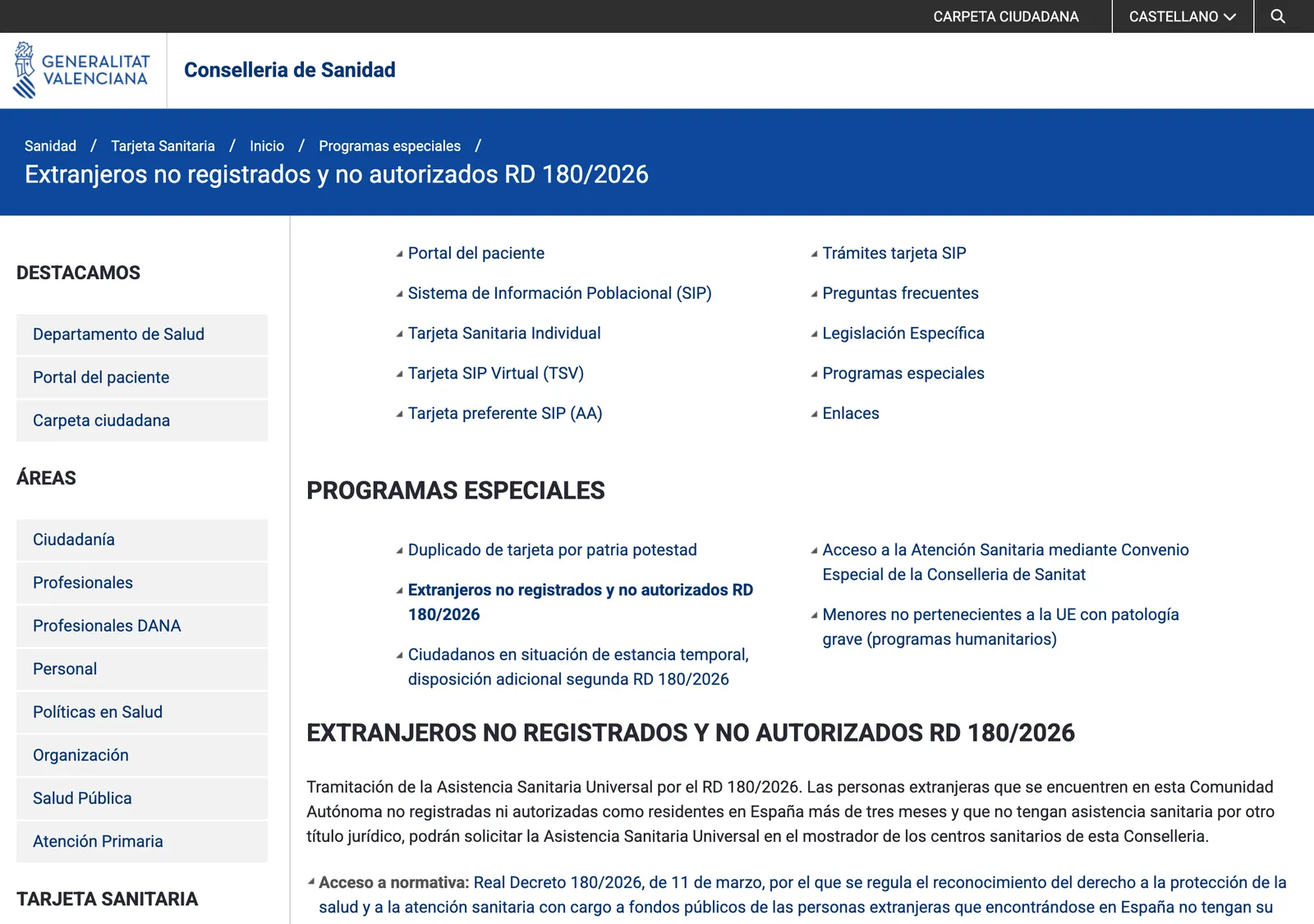 Conselleria de Sanidad web page about foreign nationals who are not registered or authorised as residents